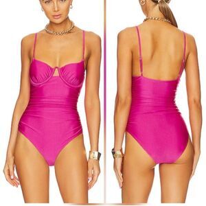 JONATHAN SIMKHAI Satin Ruched Cup Underwire Dragon Fruit Swimsuit- Size Medium